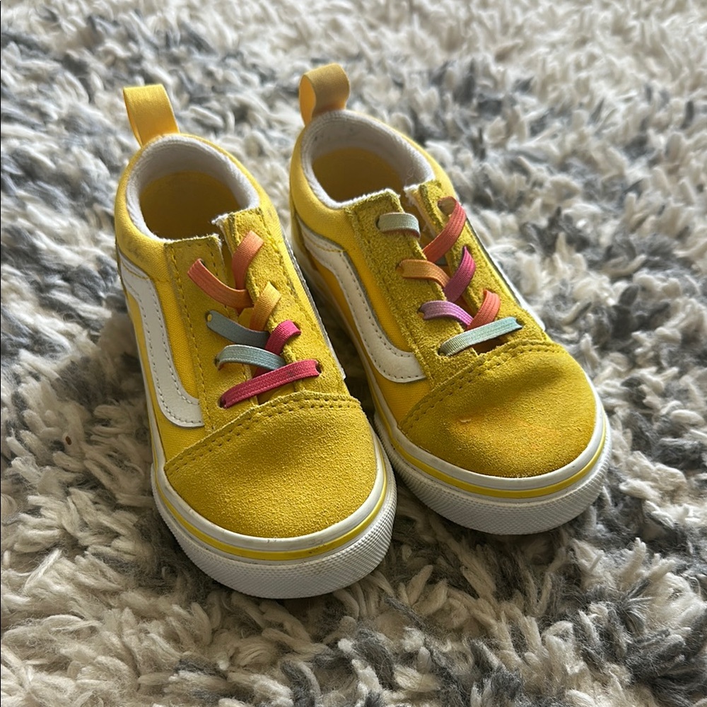 Vans Yellow Kids Shoes with Rainbow Laces